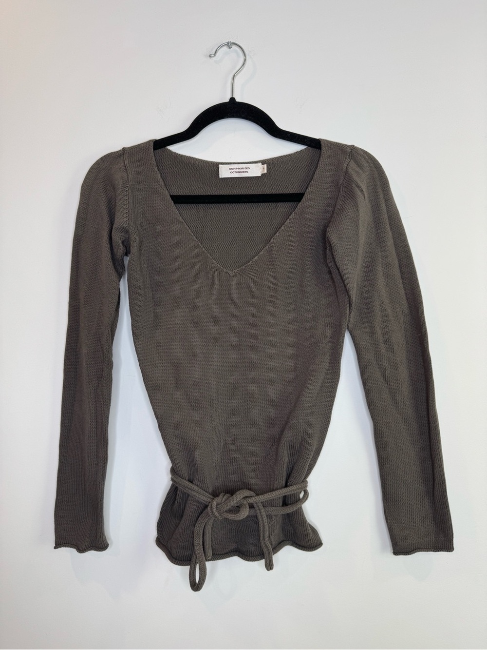 Comptoir Des Cotonniers grey V-Neck cotton knit Long Sleeve Top Tie sz small